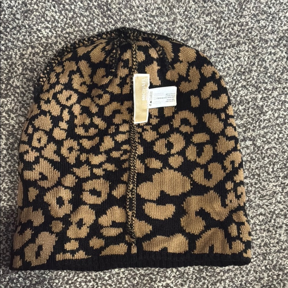 Michael Kors Leopard Print Knit Beanie in Tan and Black - Picture 4 of 8